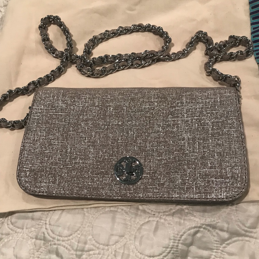 Tory Burch Adalyn brushed silver suede clutch EUC